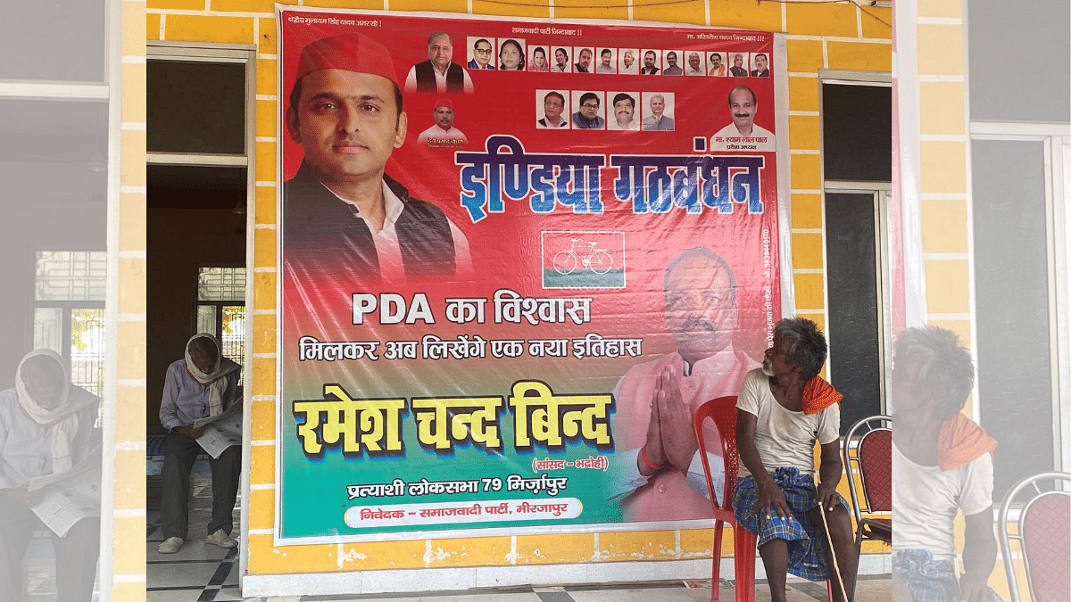 A banner put up to canvass support for SP candidate Ramesh Chand Bind in Mirzapur | Shikha Salaria | ThePrint