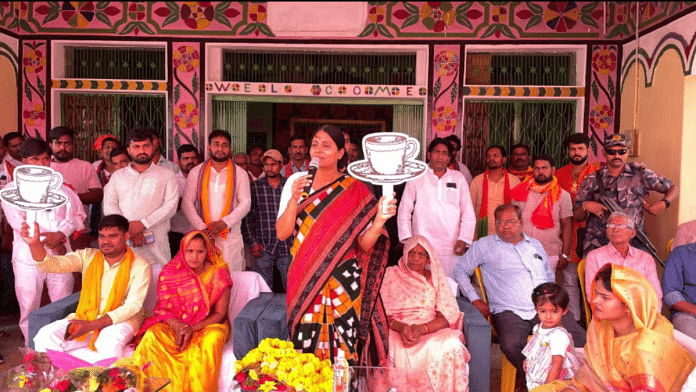 Union minister and two-time Mirzapur MP Anupriya Patel campaigning with her election symbol in Madihan area | Pic credit: X/@AnupriyaSPatel