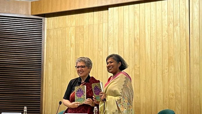 Rana Safvi (left) and Madhulika Liddle hold up Liddle’s latest book An Unholy Drought | Srijani Mukhopadhyay | ThePrint