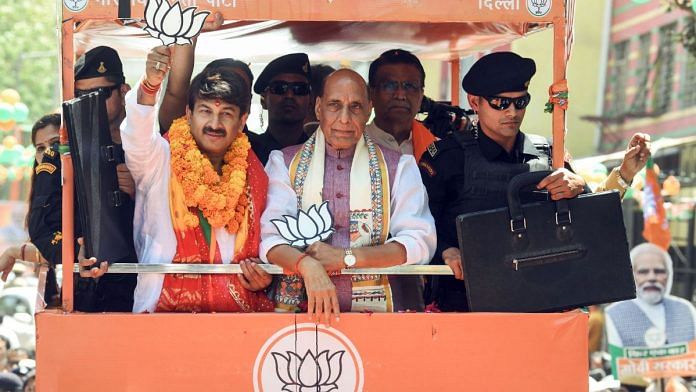 BJP’s North East Delhi candidate Manoj Tiwari and union defence minister Rajnath Singh at a rally ahead of the Lok Sabha polls | representational image | ANI