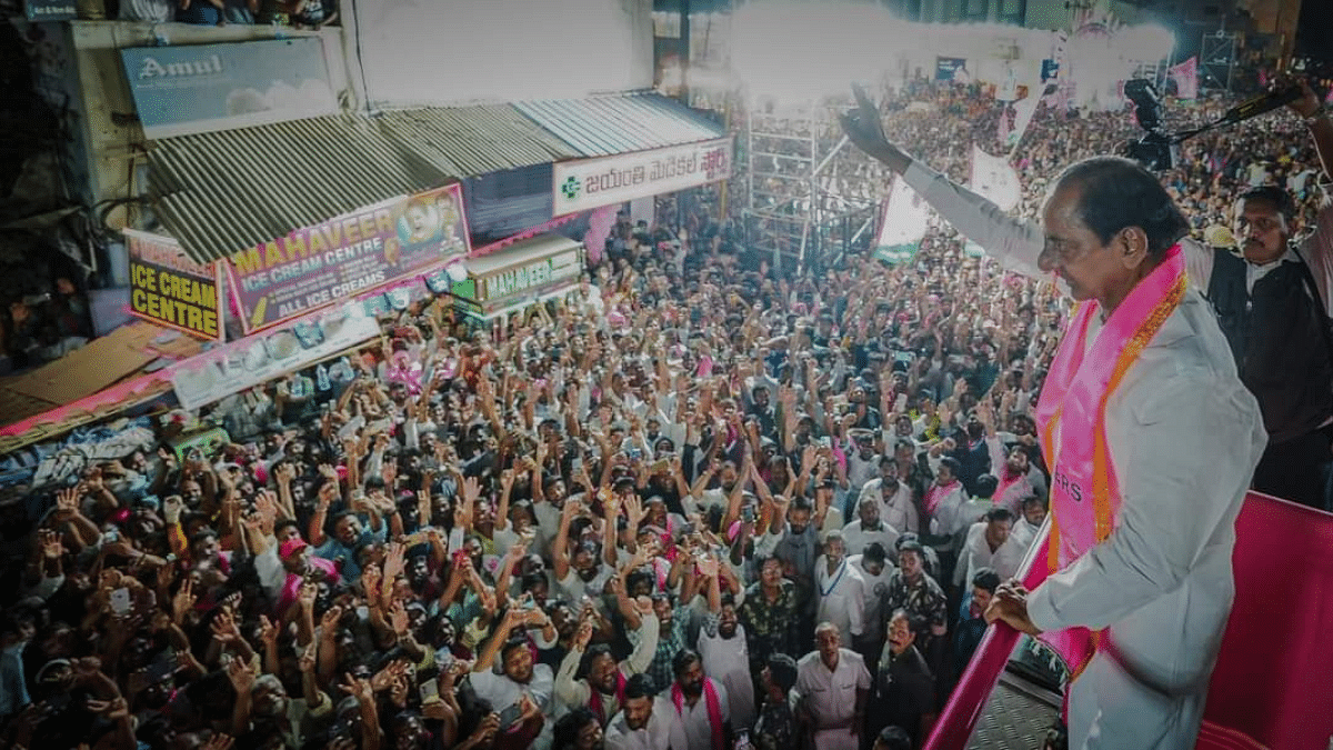 Former Telangana chief minister KCR waves to his supporters at a roadshow | Pic credit: BRS