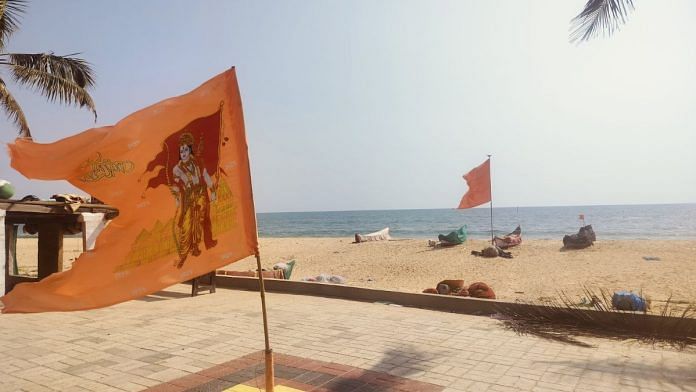 1. Saffron flags on Padubidri beach, Udupi }1. Saffron flags on Padubidri beach, Udupi | Shubhangi Misra, ThePrint