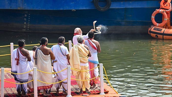 Prime Minister Narendra Modi performs 'Ganga Poojan' at Dashashwamedh Ghat, in Varanasi, Uttar Pradesh | PTI