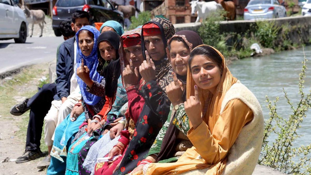 Women in Anantnag after having voted | Photo: Praveen Jain, ThePrint
