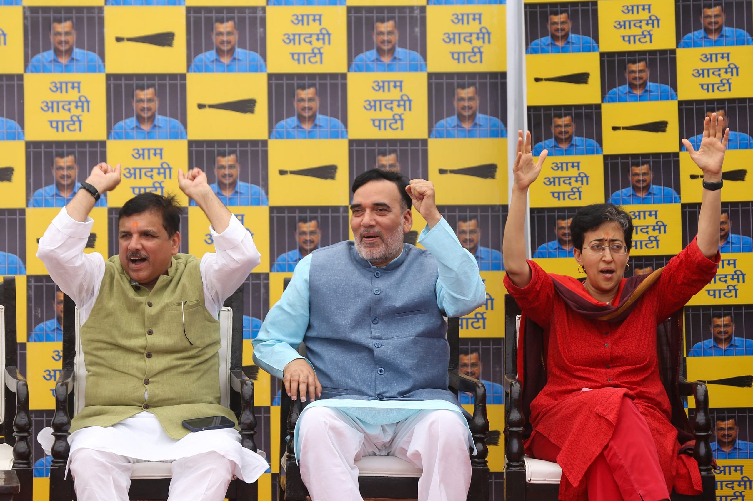 AAP Senior leader Sanjay Singh, Gopal Rai and Atishi at Party HQ | Suraj Singh Bisht | ThePrint