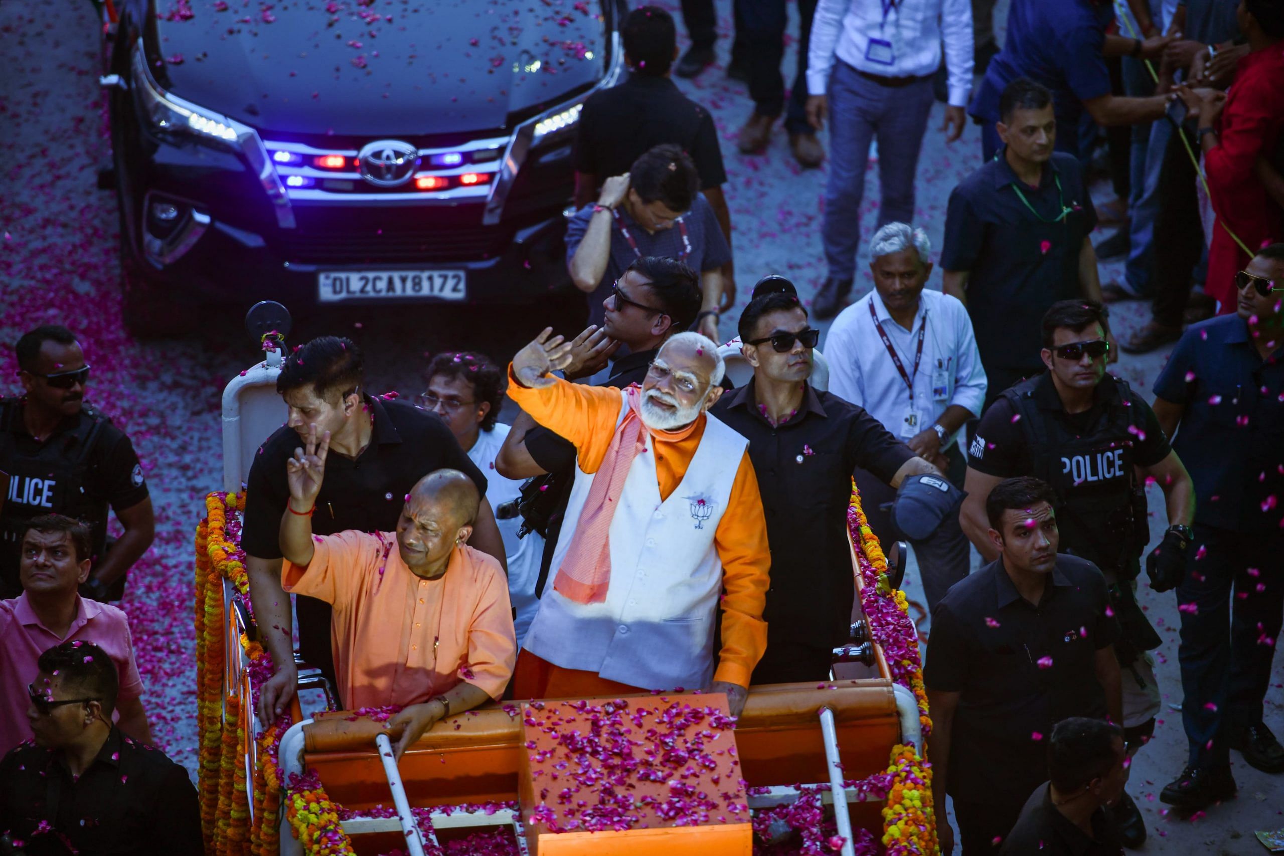 Modi with Yogi Adityanath during the roadshow | Suraj Singh Bisht | ThePrint