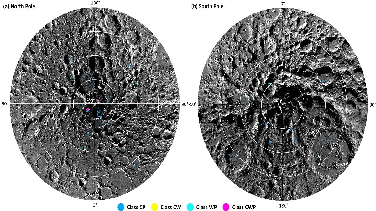 Polar mosaic of lunar North polar region and South polar region showing the locations of water ice regions belonging to various Classes | Source: ISRO study/Journal of Photogrammetry and Remote Sensing