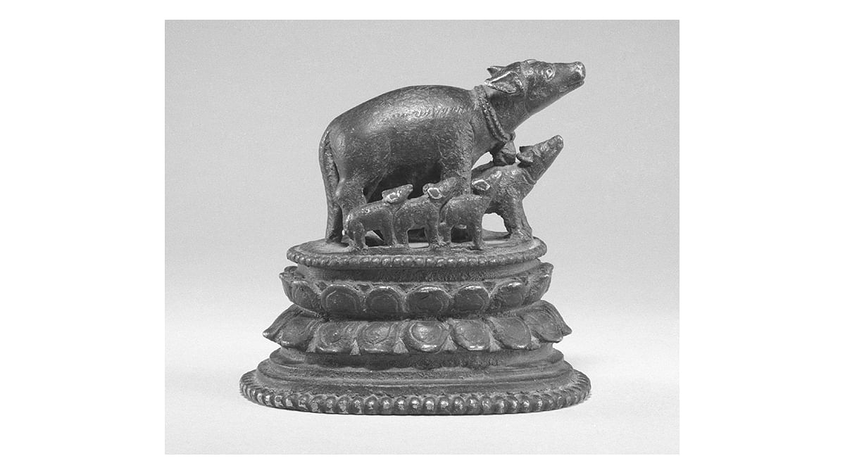 Marichi, the Goddess of Dawn, with seven pigs, Pala, Bihar, c. 11th or 12th century, Bronze with silver inlay, 6.7 cm, Image courtesy of The Metropolitan Museum of Art, New York