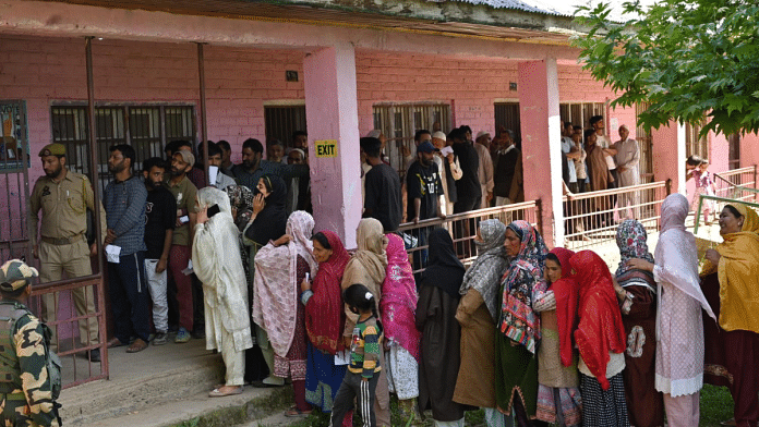 Voters gather in a queue at a polling station in J&K | X/@ceo_UTJK