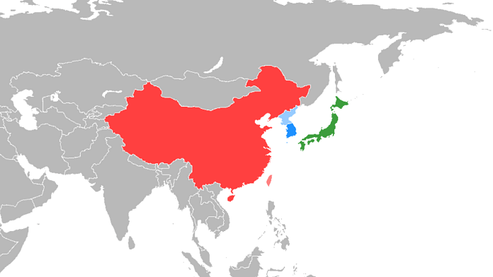 Map of East Asia indicating China (red), Taiwan (pink), Japan (green), South Korea (blue), and North Korea (light blue) | Wikipedia Commons