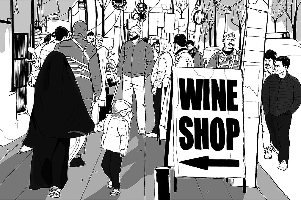A signboard pointing to a liquor vend | Illustration: Soham Sen | ThePrint