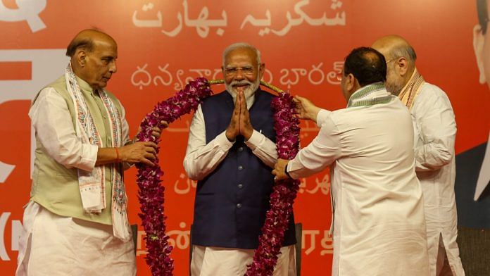 Prime Minister Narendra Modi, Home Minister Amit Shah, Defence Minister Rajnath Singh and BJP National President JP Nadda at the party headquarters in New Delhi on 4 June | Photo: ThePrint/Suraj Singh Bisht