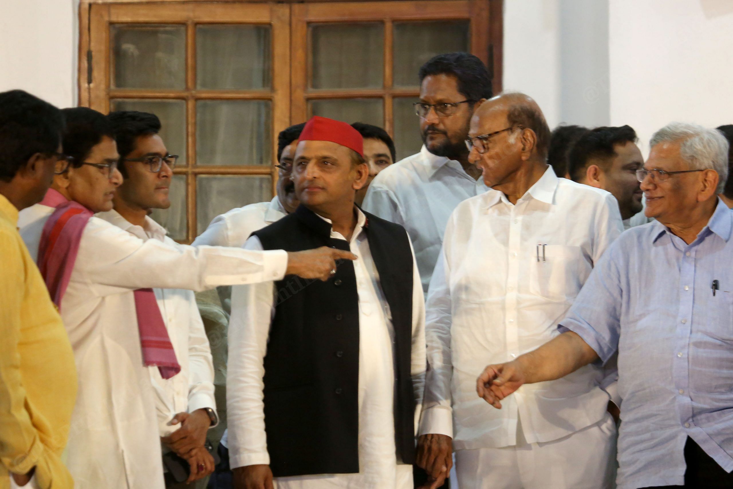 Secretary-General of the Samajwadi Party Ram Gopal Yadav, SP President Akhilesh Yadav & NCP Leader Sharad Pawar after the meeting | Praveen Jain | ThePrint