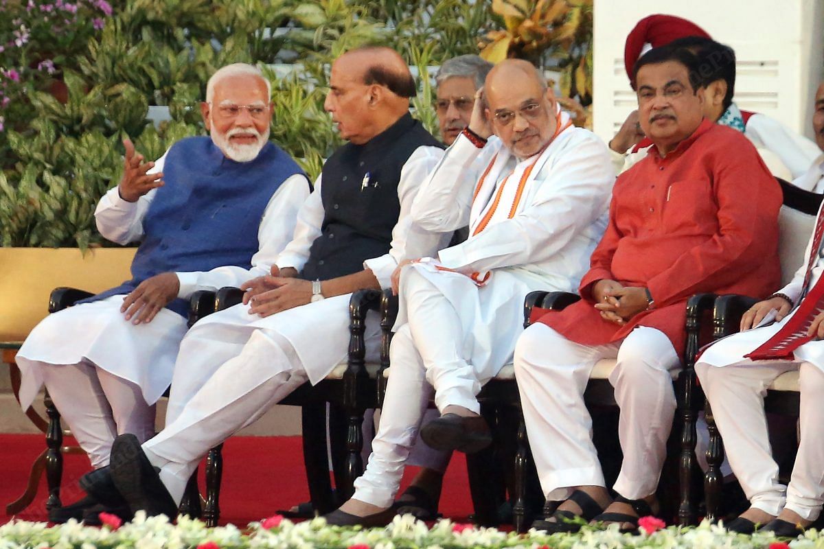 PM Modi with Rajnath Singh, Amit Shah, and Nitin Gadkari during oath ceremony | Praveen Jain | ThePrint