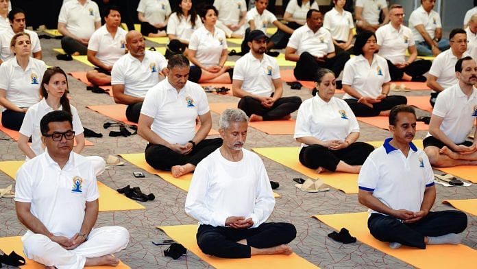 External Affairs Minister S Jaishankar participates in the International Day of Yoga celebrations, in New Delhi on Friday ANI Photo