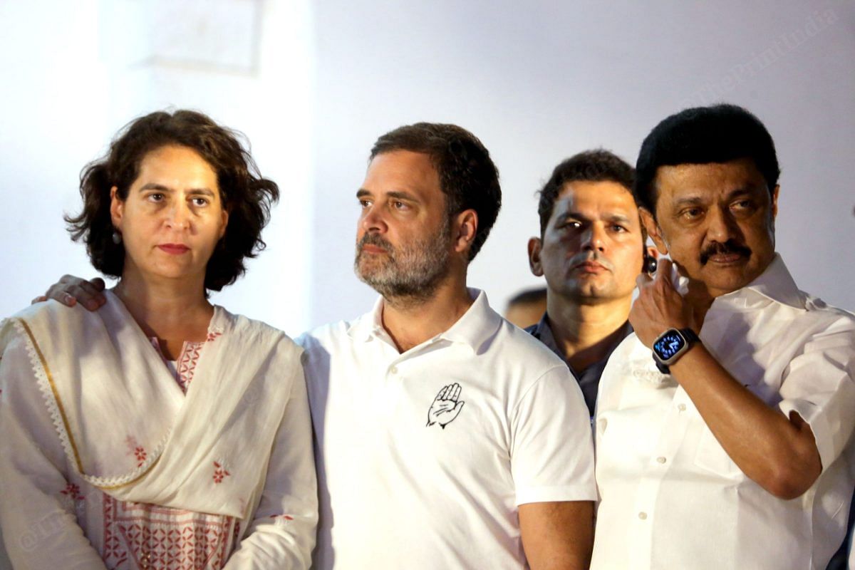 Congress leader Priyanka Gandhi, Rahul Gandhi & Tamil Nadu CM M.K. Stalin | Praveen Jain | ThePrint