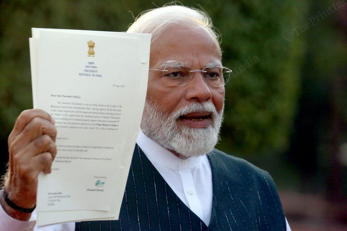Prime Minister Narendra Modi shows a letter by President Droupadi Murmu inviting him to form the country's new government | Praveen Jain | ThePrint