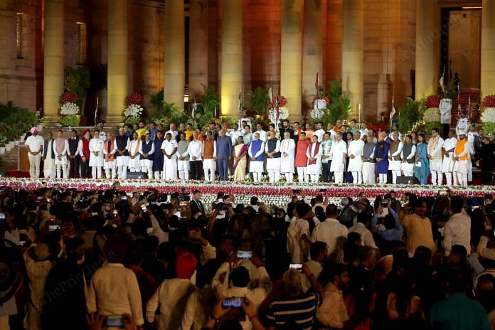 India's newly sworn-in Prime Minister Narendra Modi with his Council of Ministers at Rashtrapati Bhavan | Praveen Jain | ThePrint