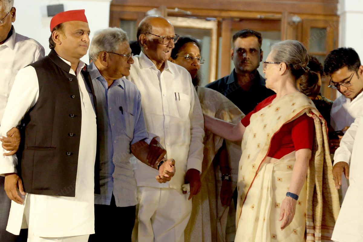 Congress leader Sonia Gandhi, NCP Leader Sharad Pawar, CPI(M) Sitamram Yechury, SP Chief Akhilesh Yadav during the INDIA alliance meeting | Suraj Singh Bisht | ThePrint