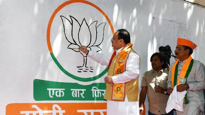 BJP national president J.P. Nadda paints the party's election symbol, lotus | Photo: ANI