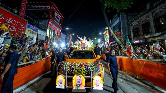 PM Narendra Modi holding roadshow in Kolkata during 2024 Lok Sabha polls | ANI