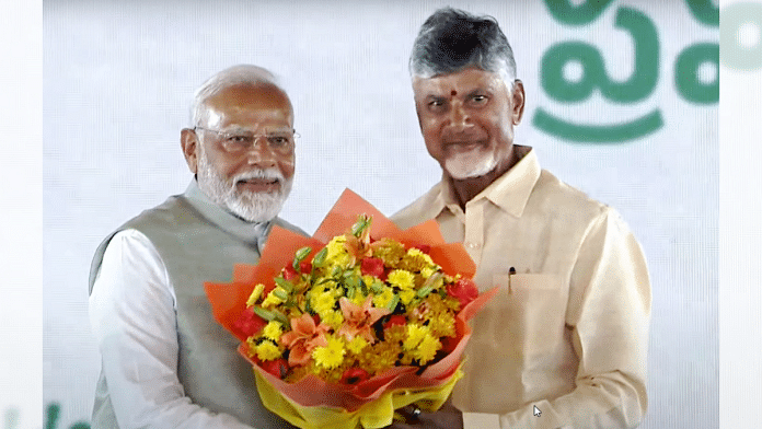 PM Modi with Chandrababu Naidu after he was sworn-in as the CM of Andhra Pradesh | Credit: X(formerly Twitter)/@JaiTDP