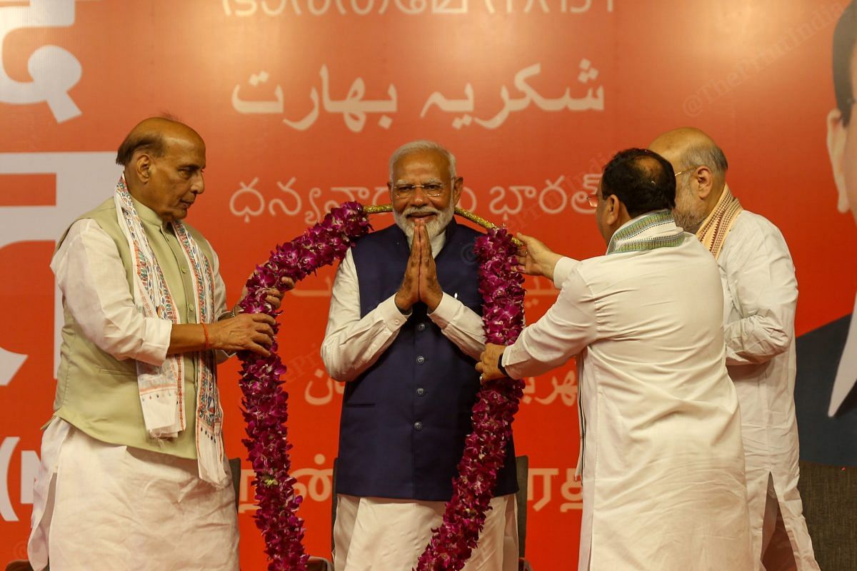 PM Modi felicitated by Home Minister Amit Shah, Defence Minister Rajnath Singh and BJP's national president J.P. Nadda after the declaration of the Lok Sabha results | Suraj Singh Bisht | ThePrint