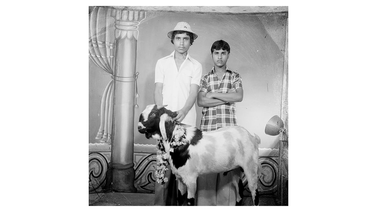 Untitled (Portrait of Two Boys with Their Goat), Suresh Punjabi, Suhag Studio, Nagda, Madhya Pradesh, c. 1983, Celluloid negative. | Museum of Art and Photography (MAP), Bengaluru