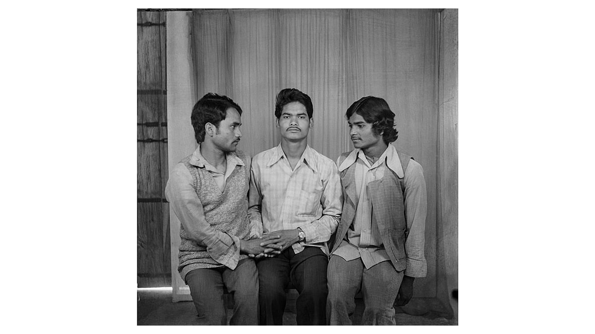 Untitled (Seated Portrait of Three Friends), Suresh Punjabi, Suhag Studio, Nagda, Madhya Pradesh, c. 1979, Celluloid negative. | Museum of Art and Photography (MAP), Bengaluru