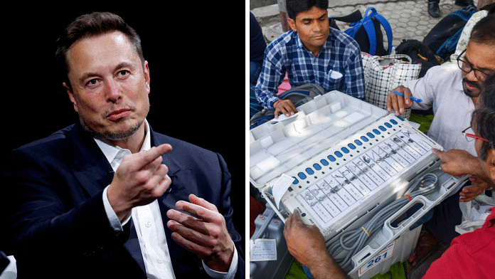 Tesla CEO Elon Musk and polling officials carrying EVMs | File photos | Credit: REUTERS/Gonzalo Fuentes and ThePrint/Suraj Singh Bisht