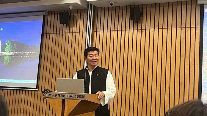Lobsang Sangay delivering a lecture at the India International Centre in Delhi