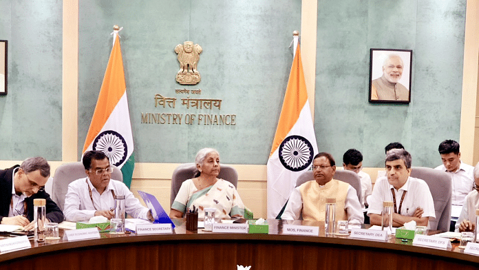 Representational image of Union Minister Nirmala Sitharaman chairing the first Pre-Budget Consultations with leading economists in connection with the forthcoming General Budget 2024-25 | Credit: ANI