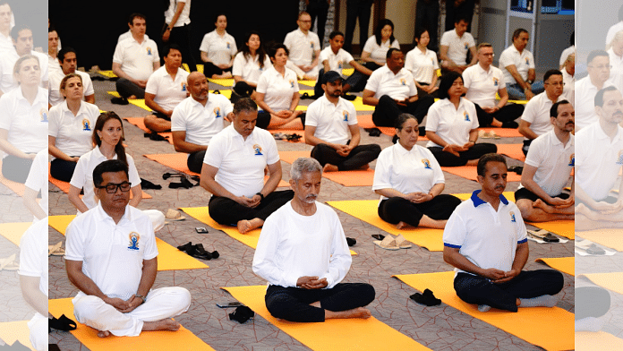 External Affairs Minister S. Jaishankar performs yoga with diplomats in New Delhi | Credit: X(formerly Twitter)/@DrSJaishankar