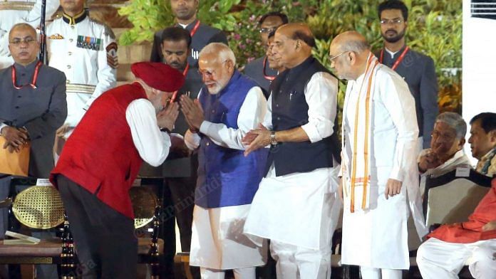 Prime Minister Narendra Modi with Union ministers Rajnath Singh, Amit Shah and Hardeep Singh Puri at the swearing-in ceremony Sunday | Praveen Jain | ThePrint