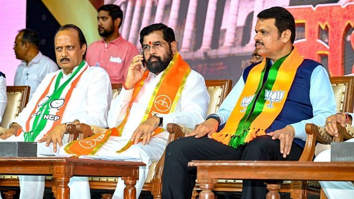 Maharashtra CM Eknath Shinde, Deputy CM Devendra Fadnavis and NCP's Ajit Pawar at a 'Mahayuti' meeting | Photo: ANI