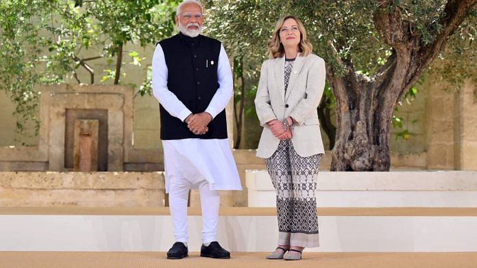 Prime Minister Narendra Modi with Italian PM Giorgia Meloni in Apulia Friday | Photo: ANI