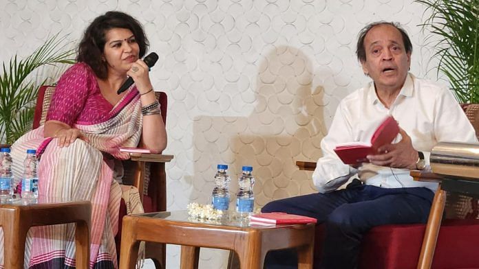 Journalist Mandira Nayar in conversation with author Vikram Seth at the launch of The Hanuman Chalisa, a Speaking Tiger publication | Photo: Rama Lakshmi, ThePrint