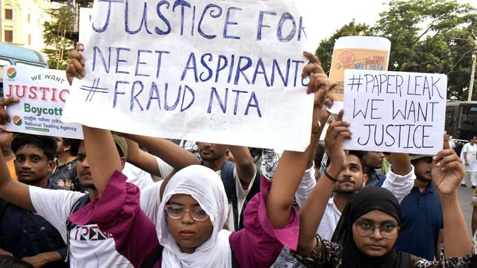 Students protesting alleged irregularities in NEET UG 2024 in Kolkata, Monday | ANI