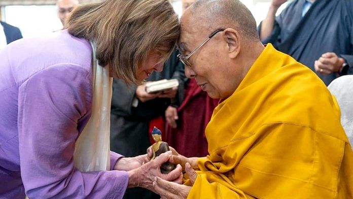 Nancy Pelosi and the Dalai Lama greet each other Wednesday | Photo: ANI