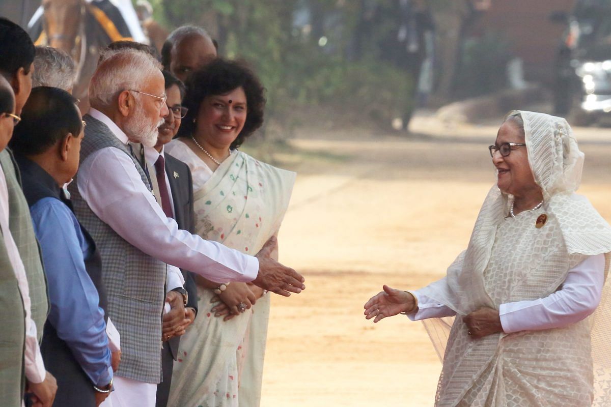 Prime Minister Narendra Modi shakes hands with his Bangladeshi counterpart Sheikh Hasina | Praveen Jain | ThePrint