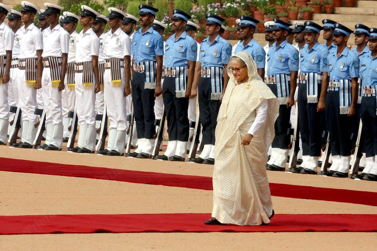 Bangladesh Prime Minister Sheikh Hasina inspects a joint military guard of honor upon her arrival at the Indian presidential palace in New Delhi | Praveen Jain | ThePrint