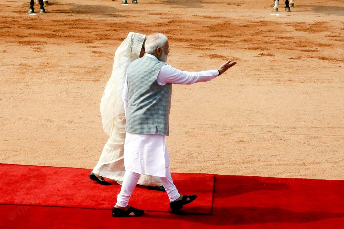 Prime Minister Narendra Modi talks with his Bangladeshi counterpart Sheikh Hasina during latter's ceremonial reception at Indian presidential palace in New Delhi on Saturday | Praveen Jain | ThePrint