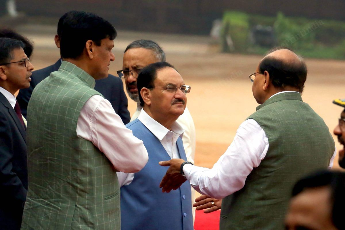 MOS for Home Nityanand Rai,Union Minister of Health J.P. Nadda & LT. Governor Vinai Kumar Saxena during the ceremonial reception | Praveen Jain | ThePrint