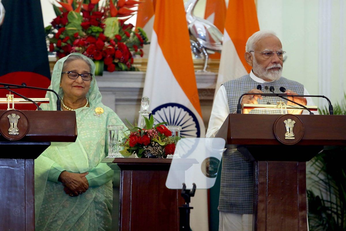 Prime Minister Narendra Modi with his Bangladeshi counterpart Sheikh Hasina during the press breifing after the meeting at Hyderabad House | Praveen Jain | ThePrint