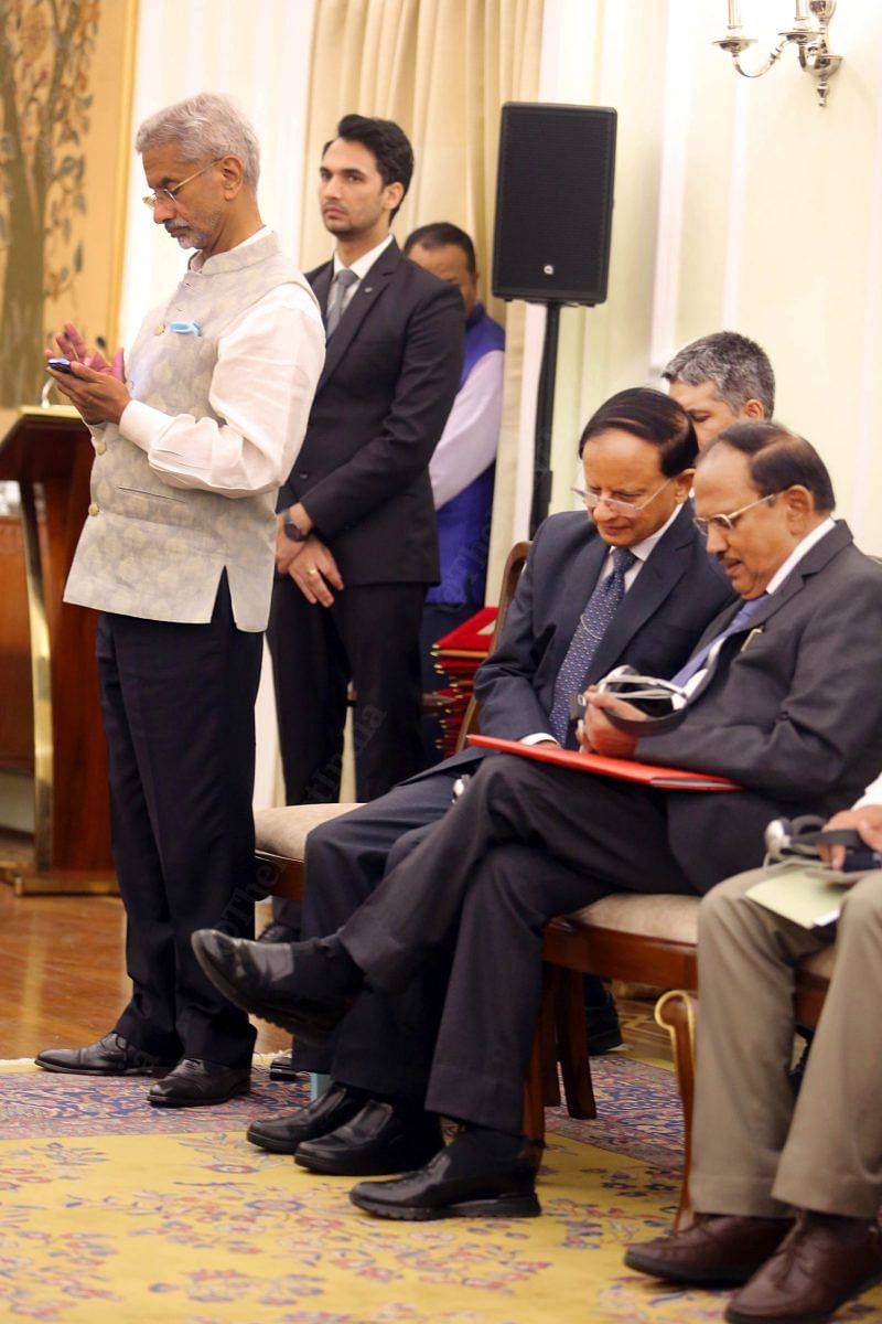 Minister of External Affairs of India S. Jaishankar, Principal Secretary to the PM of India P.K Mishra and National Security Advisor Ajit Doval during the press briefing at Hyderabad House | Praveen Jain | ThePrint