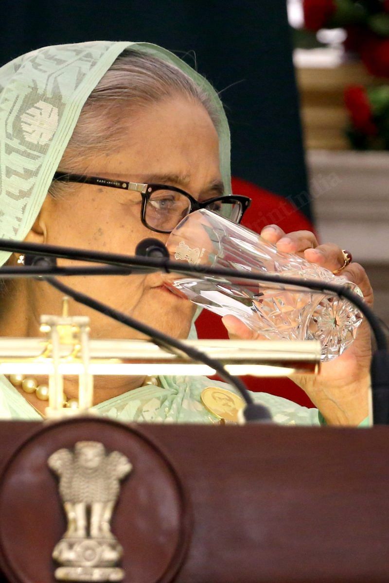 Bangladesh PM Sheikh Hasina Drink water during the press breifing after the meeting at Hyderabad House | Praveen Jain | ThePrint