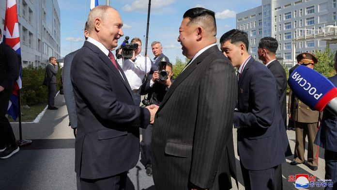 North Korean leader Kim Jong Un meets Russia's President Vladimir Putin at the Vostochny Cosmodrome in the Amur Oblast of the Far East Region, Russia, on 13 September, 2023 in this image released by North Korea's Korean Central News Agency. KCNA via REUTERS/File Photo