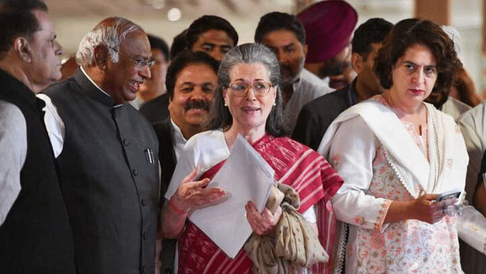 Congress President Mallikarjun Kharge, Sonia Gandhi, Rahul Gandhi, Ambika Soni, Priyanka Gandhi Vadra, KC Venugopal and others during the extended Congress working committee meeting in New Delhi on 8 June, 2024 | ThePrint photo by Suraj Singh Bisht