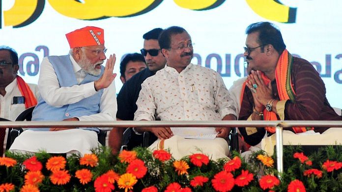 File photo of Prime Minister Narendra Modi with actor-politician Suresh Gopi (R) in Thiruvananthapuram | ANI