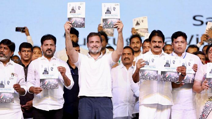 Congress leader Rahul Gandhi along with Telangana CM Revanth Reddy, party leader KC Venugopal and others at the launch the party's Manifesto. | ANI